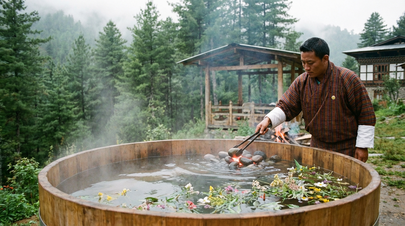 Traditionelles bhutanisches Hot Stone Bath: Große Holzwanne im Freien, gefüllt mit Wasser, das durch heiße Flusssteine erhitzt wird, Dampf steigt auf, umgeben von Kiefernwald