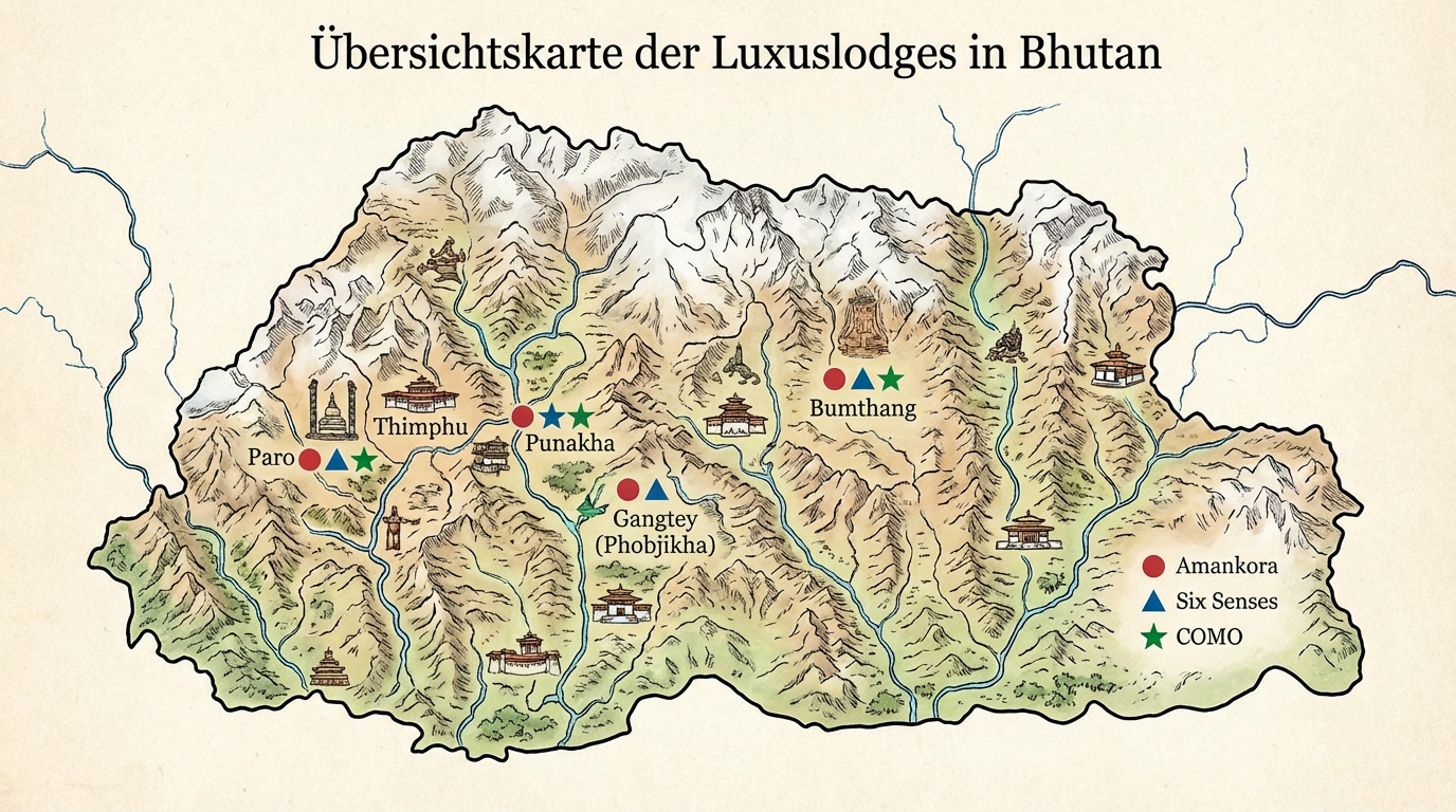 Übersichtskarte Bhutans mit den Standorten aller Luxuslodges markiert: Paro, Thimphu, Punakha, Gangtey (Phobjikha) und Bumthang - farblich unterschieden nach Hotelmarke (Amankora, Six Senses, COMO)