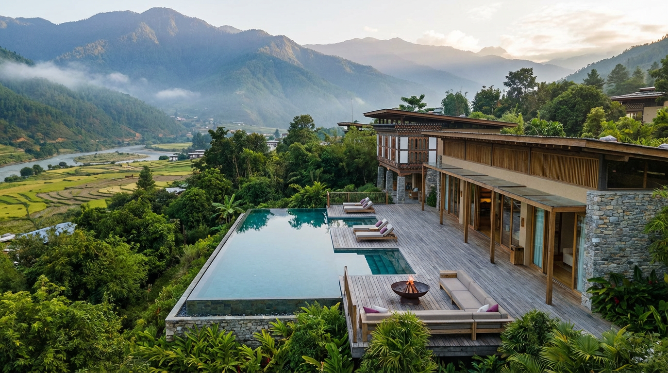 Six Senses Punakha: Moderne Villa mit privatem Pool und Holzterrasse, umgeben von subtropischer Vegetation, Blick auf die umliegenden Berge und Reisfelder