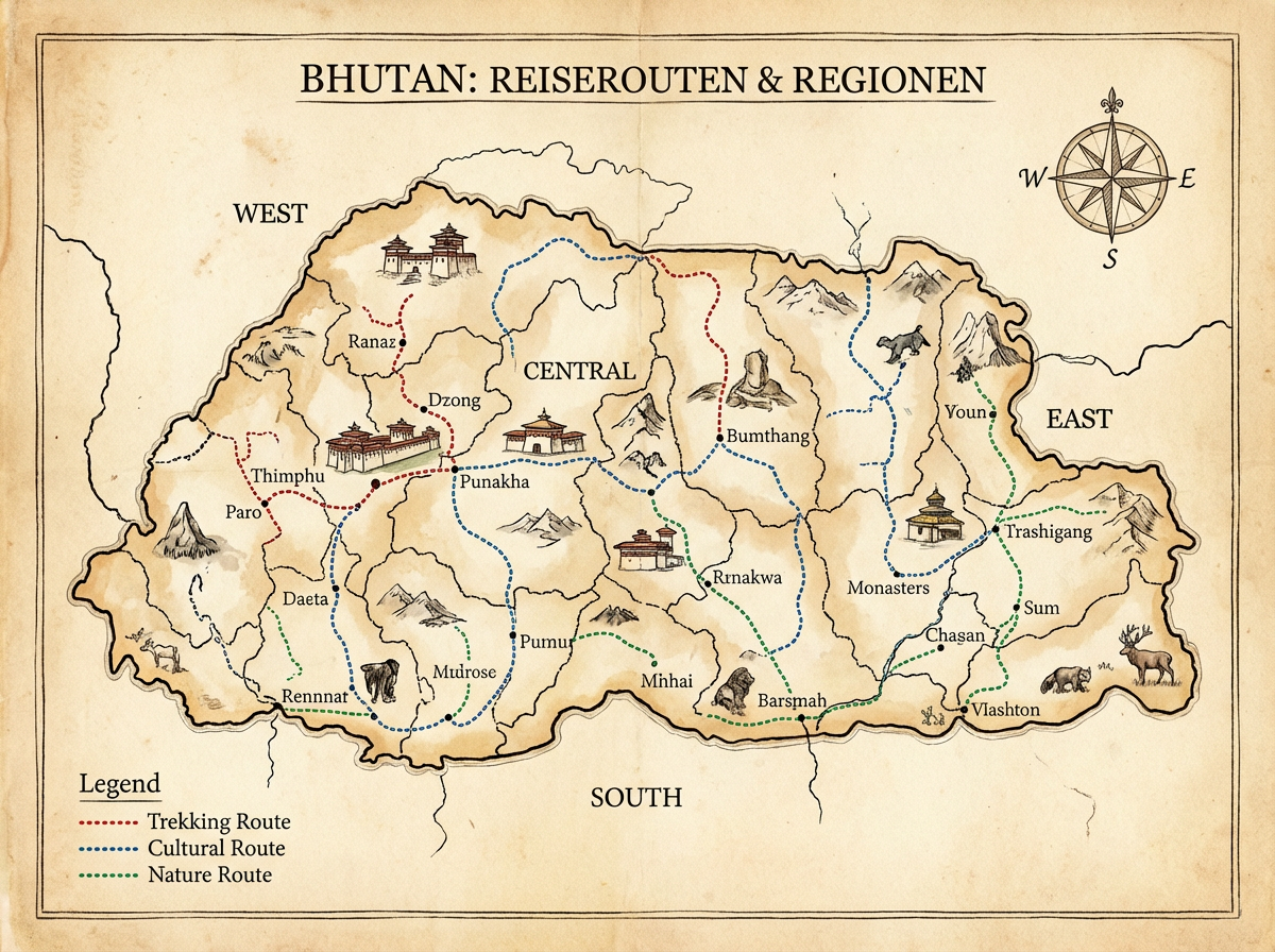 Landkarte von Bhutan mit eingezeichneten Reiserouten durch die verschiedenen Regionen