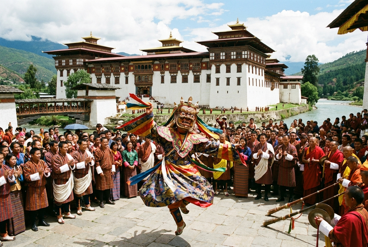 Maskentänzer beim Tshechu-Festival vor dem Punakha Dzong