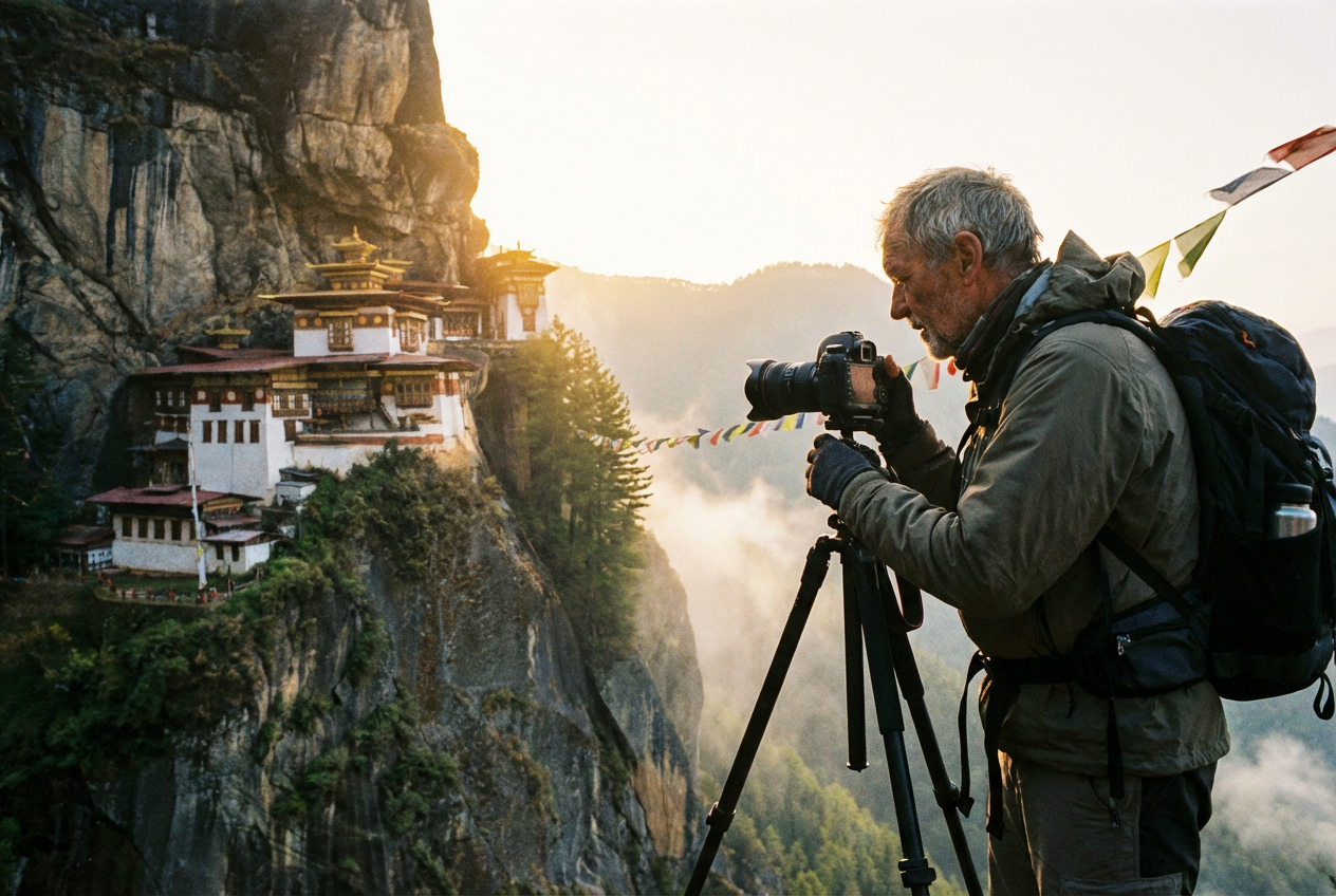 Fotograf mit Kamera vor dem Tigernest-Kloster bei Sonnenaufgang