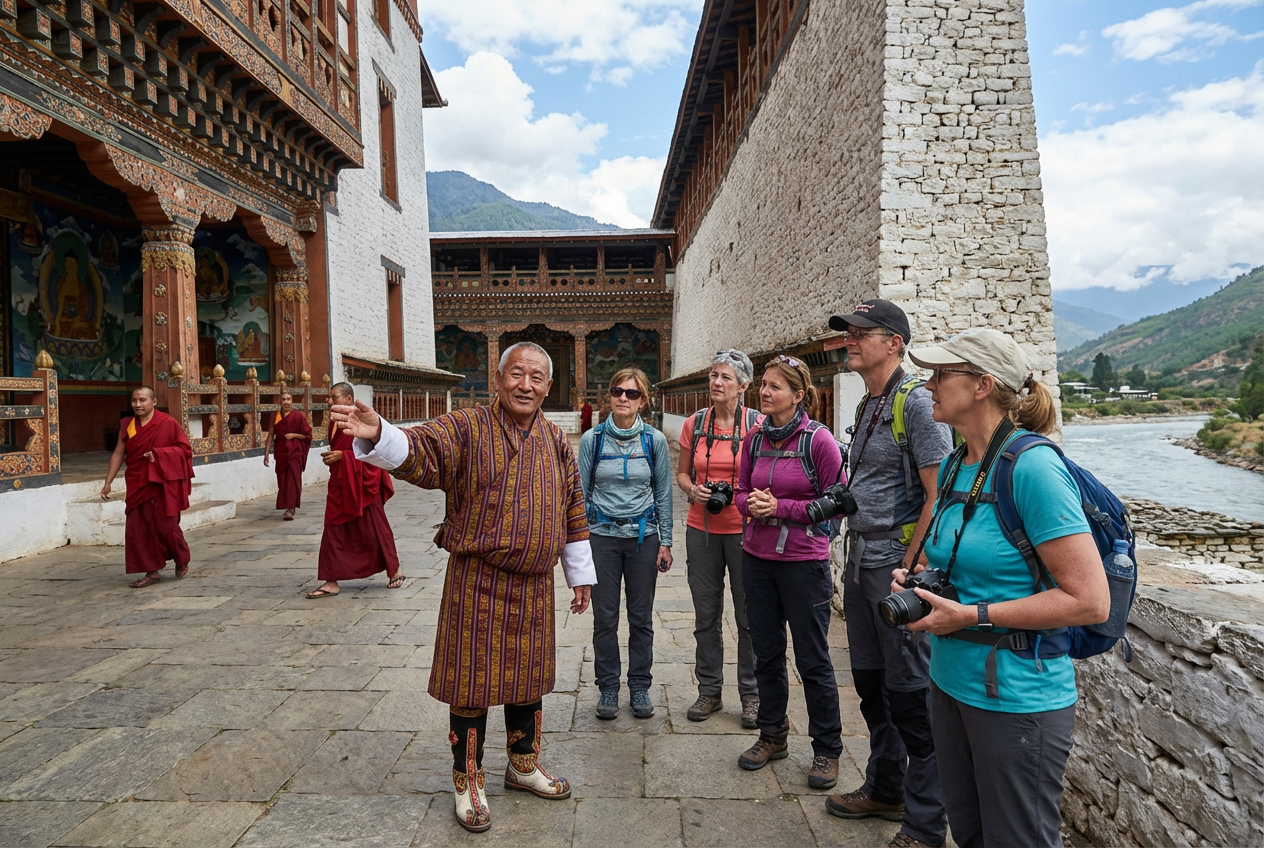 Bhutanischer Guide in traditioneller Gho-Kleidung erklärt einer Besuchergruppe die Geschichte eines Dzongs