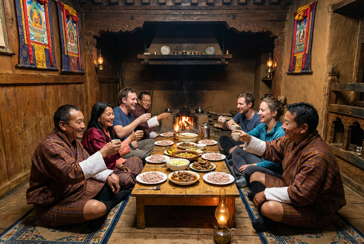Bhutanische Familie beim gemeinsamen Abendessen mit Gästen in einem traditionellen Bauernhaus