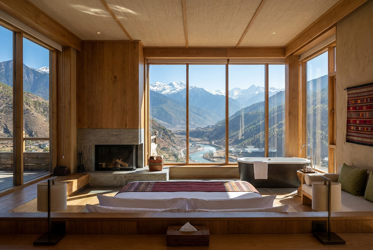 Suite im Six Senses Bhutan mit Panoramafenstern und Blick auf das Himalaya-Gebirge