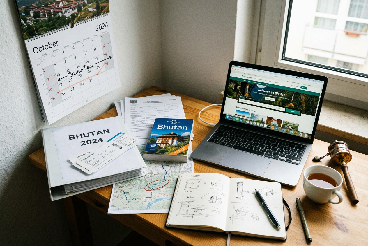 Kalender und Reiseunterlagen für die Bhutan-Reiseplanung auf einem Schreibtisch