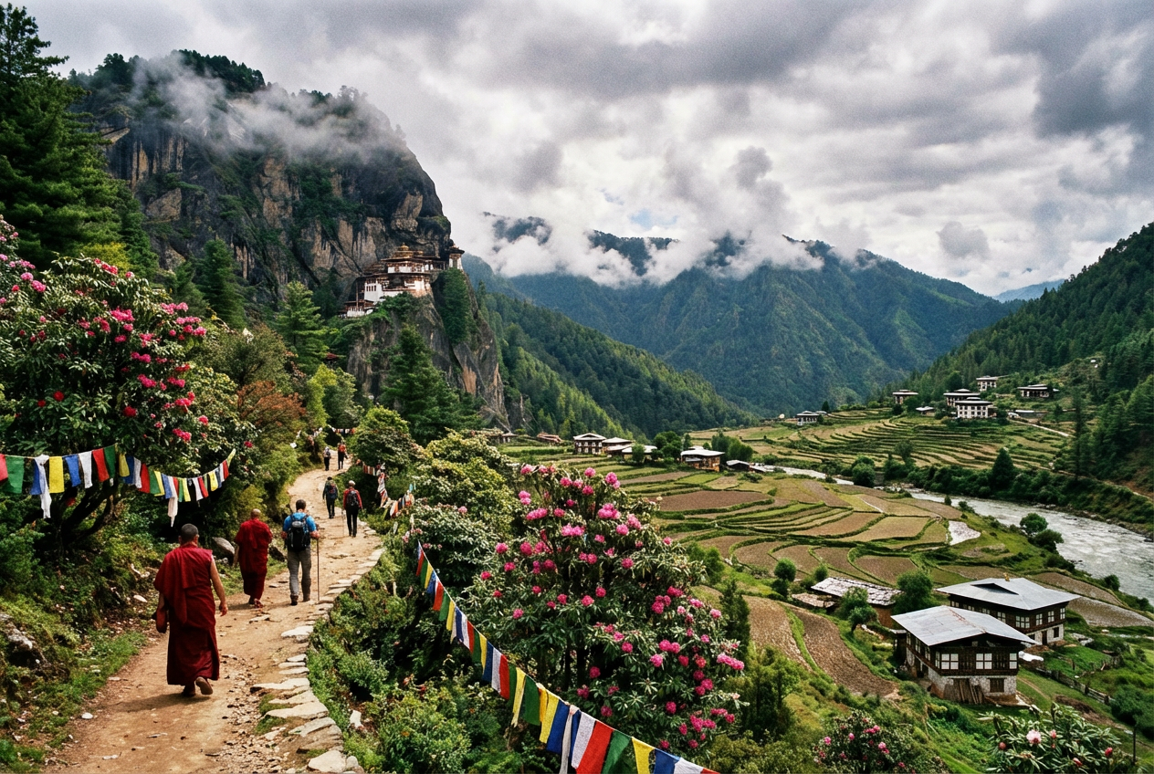 Wanderweg durch das Paro-Tal mit Blick auf das Tigernest-Kloster