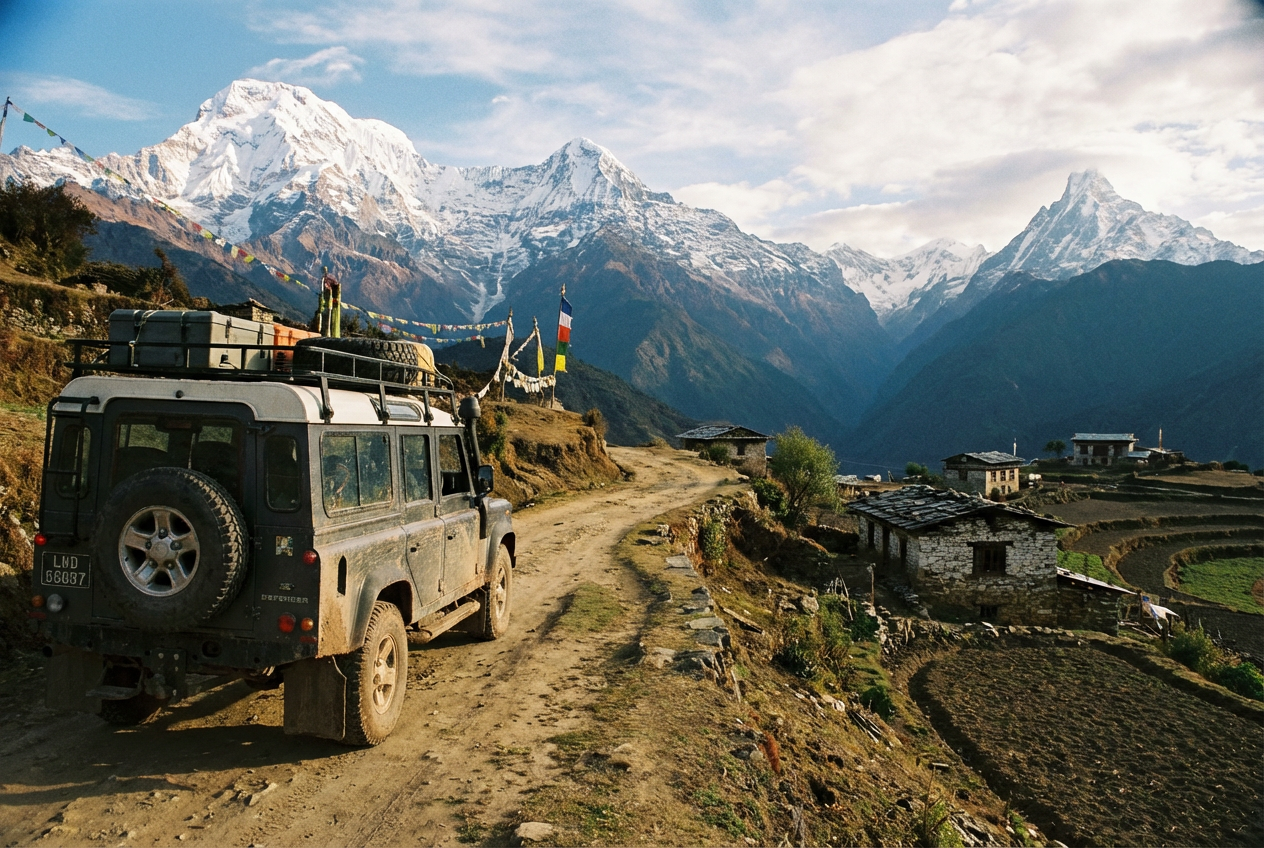 Geländewagen auf kurviger Bergstraße im bhutanischen Hochland mit Blick auf schneebedeckte Gipfel