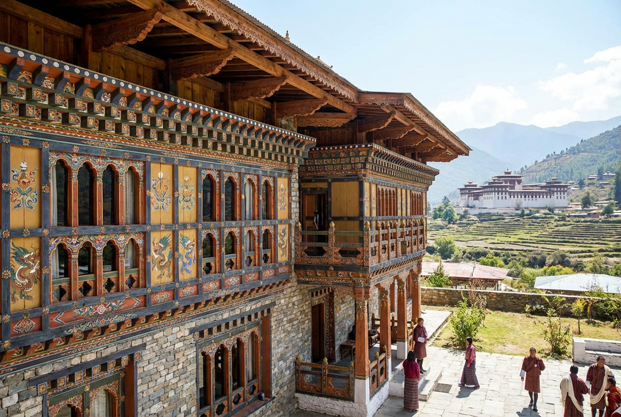 Traditionelles bhutanisches Hotel mit Holzarchitektur und bunten Fenstern in Paro