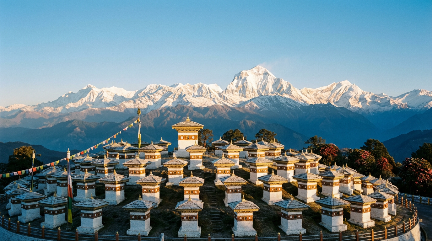 Panorama des Dochula Pass mit den 108 Chorten (Druk Wangyal Chortens) und schneebedeckten Himalaya-Gipfeln im Hintergrund bei klarem Morgenlicht