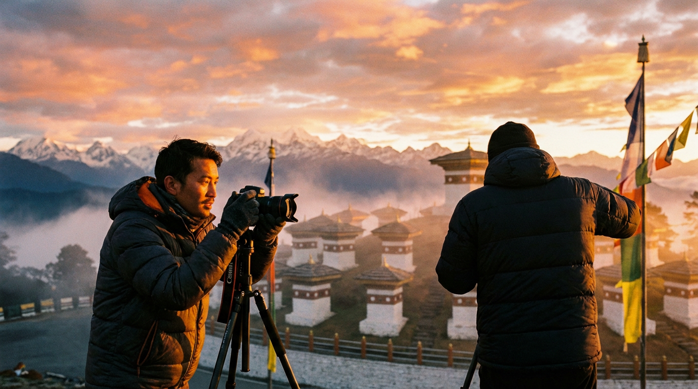 Fotograf bei Sonnenaufgang am Dochula Pass mit den 108 Chorten im Hintergrund