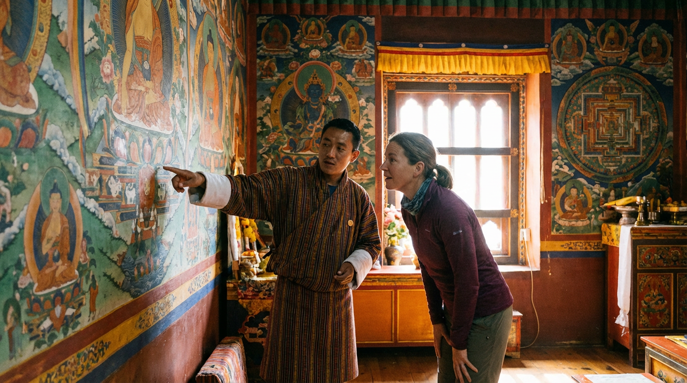 Bhutanischer Guide zeigt einer Touristin Details einer kunstvoll bemalten Klosterwand, beide betrachten aufmerksam die buddhistischen Wandmalereien
