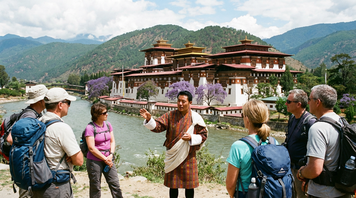 Bhutanischer Guide in traditioneller Gho-Kleidung erklärt einer Gruppe von Touristen die Geschichte des Punakha Dzong, im Hintergrund die beeindruckende Klosterfestung