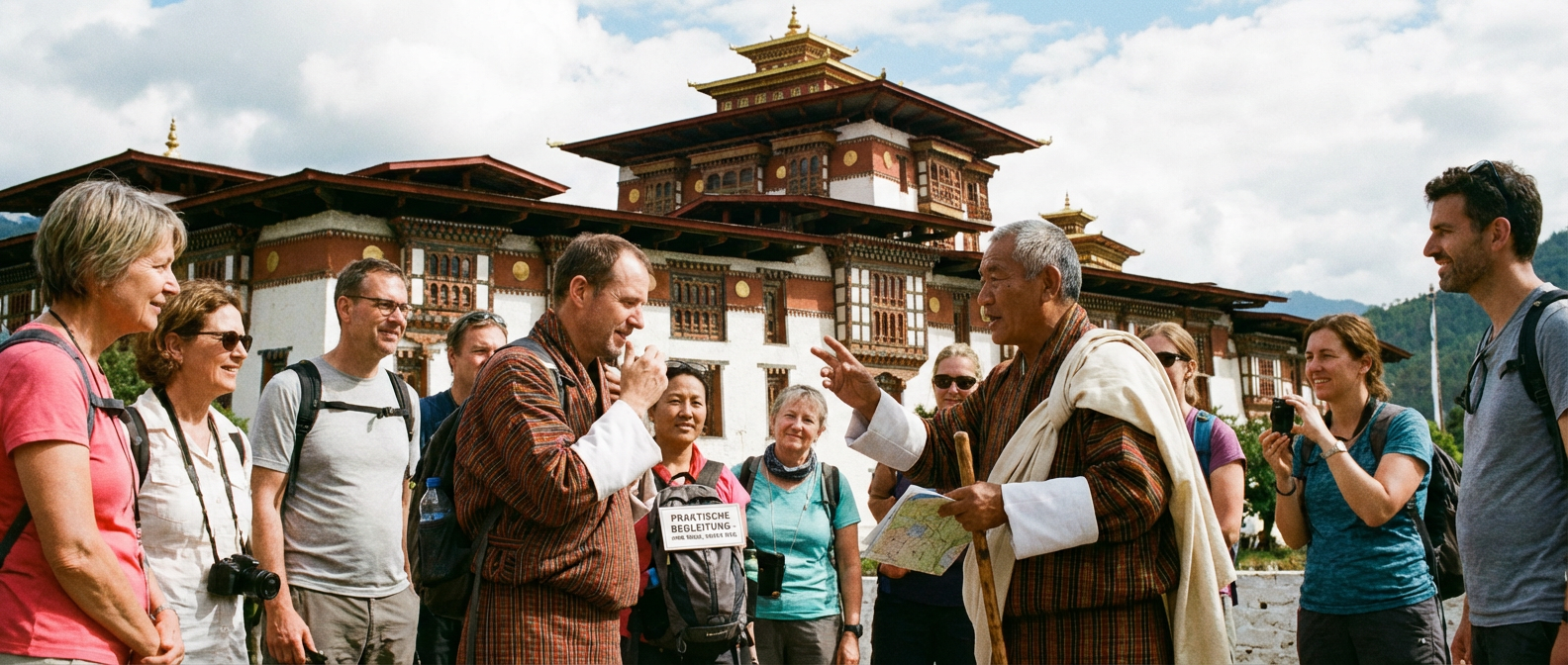 Bhutanischer Guide erklärt einer Reisegruppe etwas vor einem traditionellen Dzong - symbolisch für die praktische Begleitung während der Reise