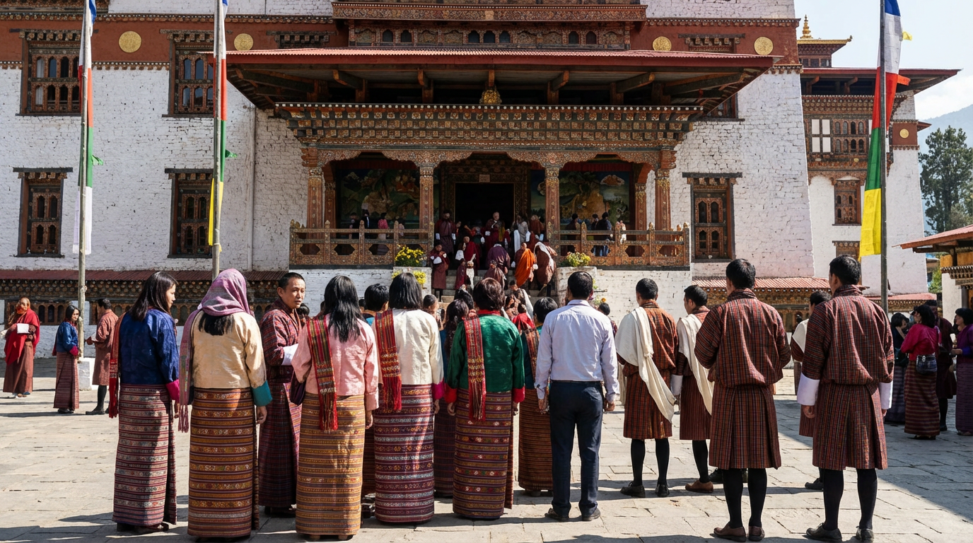 Besucher in angemessener Kleidung vor dem Eingang eines bhutanischen Dzongs - Frauen mit bedeckten Schultern in langen Röcken, Männer in langen Hosen