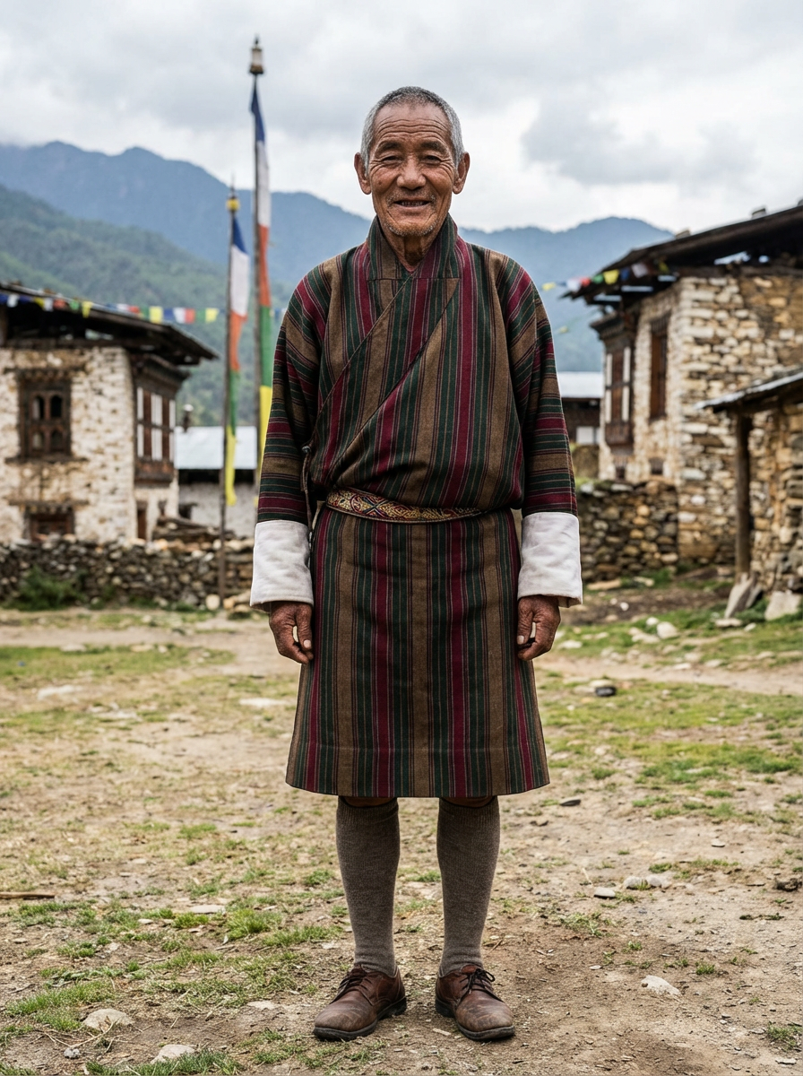 Bhutanischer Mann in traditionellem Gho - knielanger Mantel in gedeckten Farben mit Stoffgürtel um die Taille gebunden, dazu lange Socken und formelle Schuhe