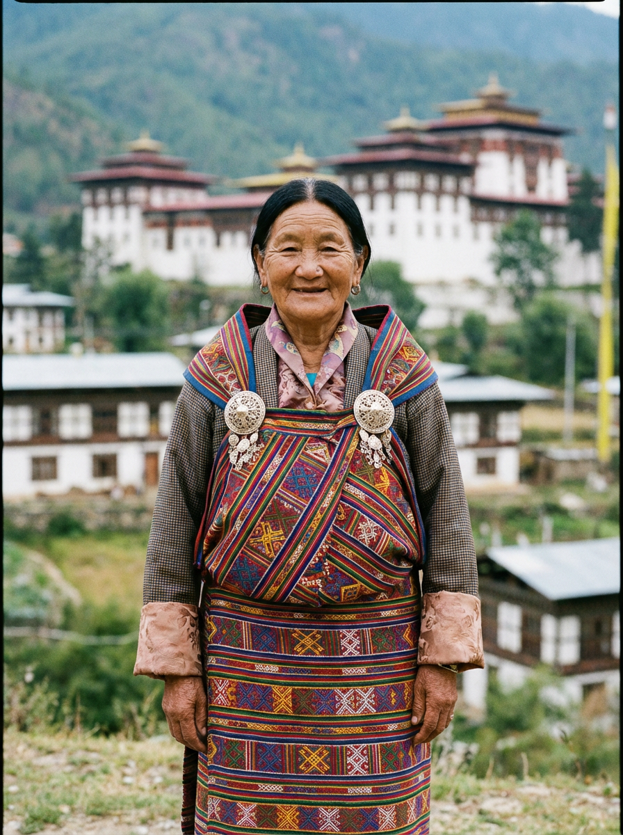 Bhutanische Frau in traditioneller Kira - bodenlanger gewebter Stoff in bunten Farben, an den Schultern mit silbernen Broschen befestigt, dazu passende Bluse und Jacke