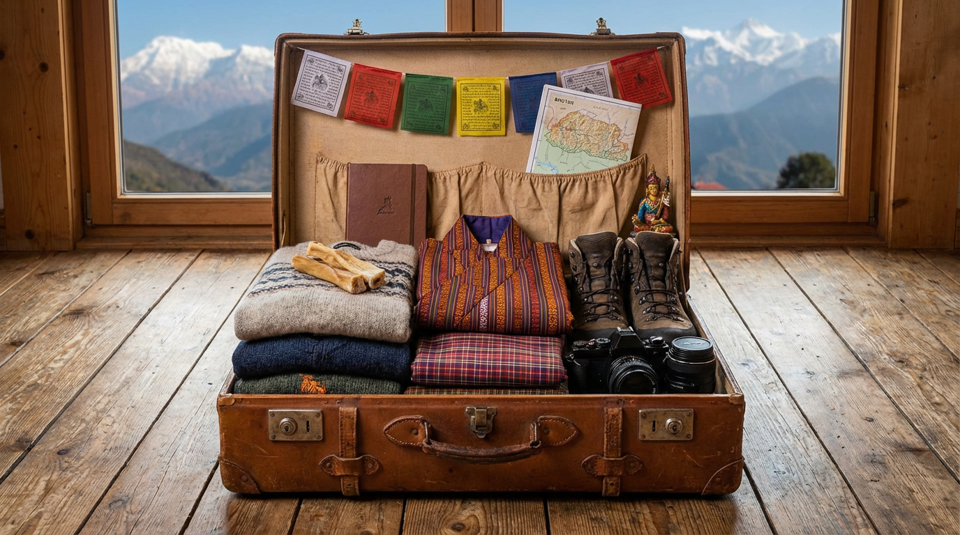Offener Koffer mit sorgfältig gepackter Reiseausrüstung für Bhutan
