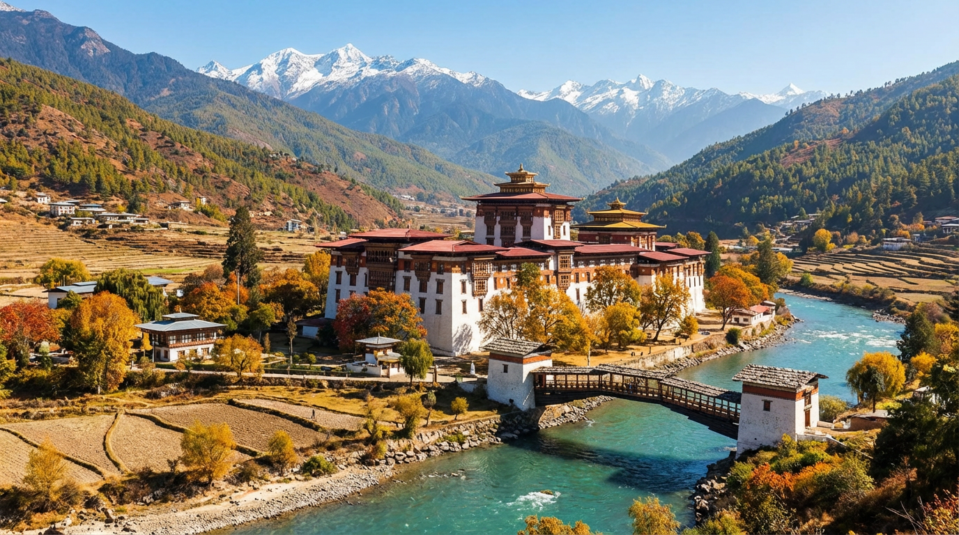 Punakha Dzong am Zusammenfluss zweier Flüsse mit schneebedeckten Bergen im Hintergrund