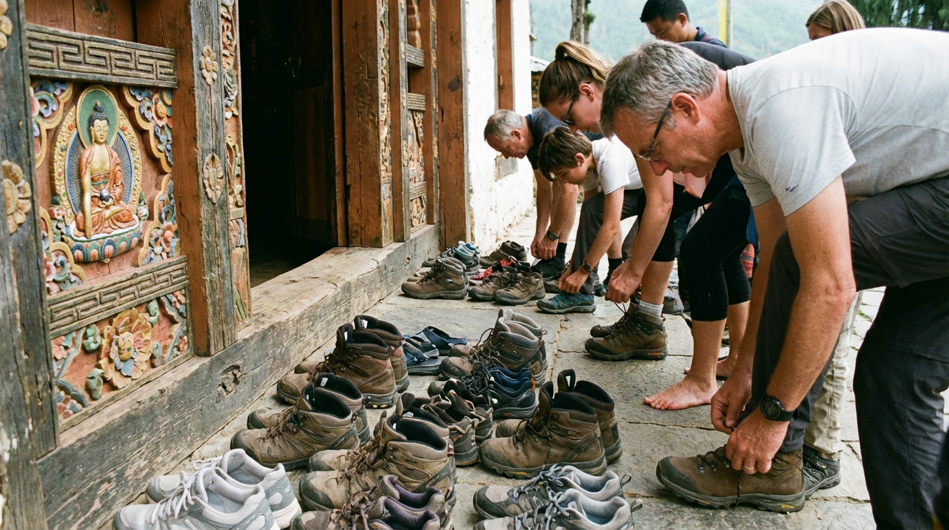 Detailaufnahme: Besucher ziehen ihre Schuhe vor dem Eingang eines bhutanischen Tempels aus - Reihen von Schuhen neben der Eingangstür