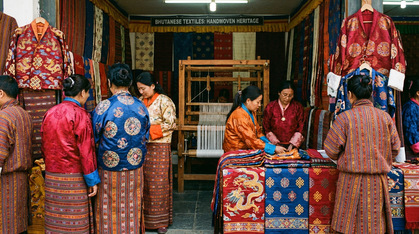 Handgewebte bhutanische Textilien mit traditionellen Mustern auf einem Marktstand