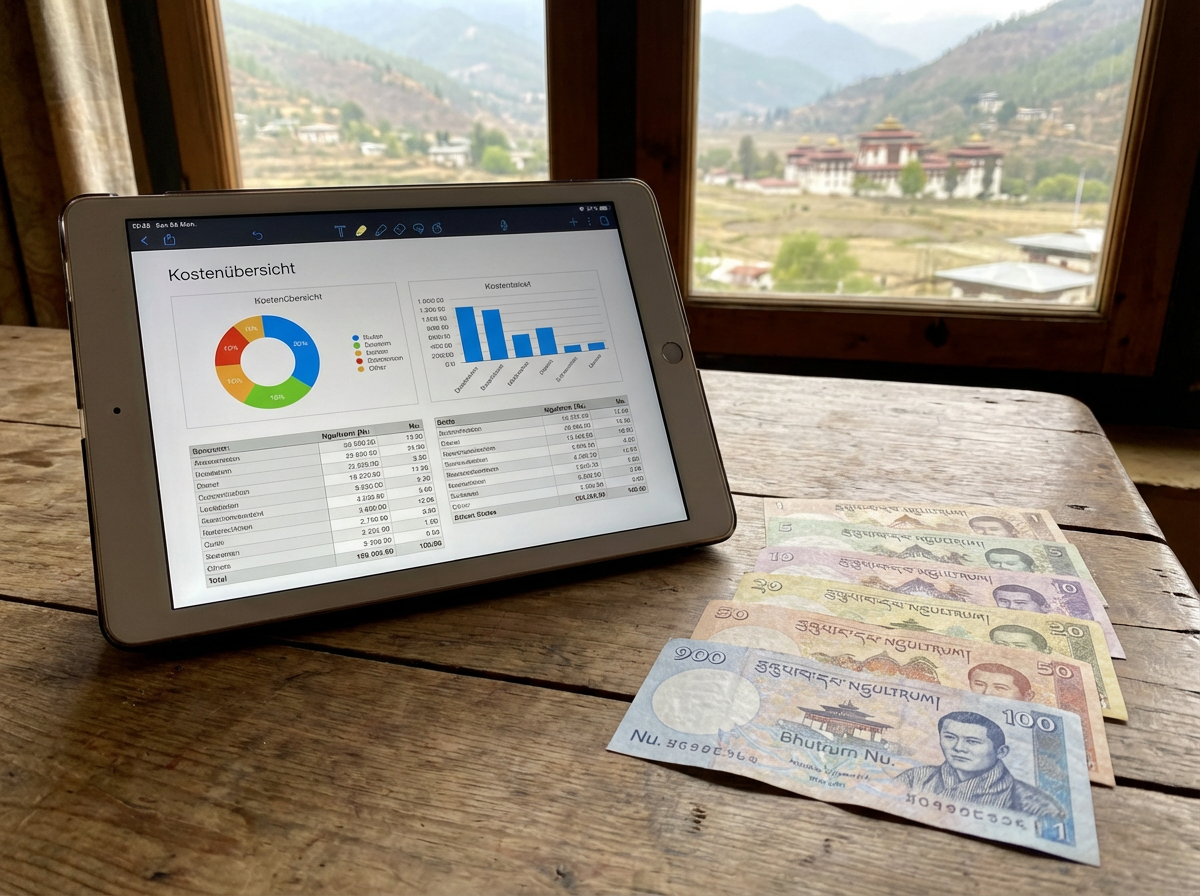 Kostenübersicht auf einem Tablet neben bhutanischen Ngultrum-Geldscheinen