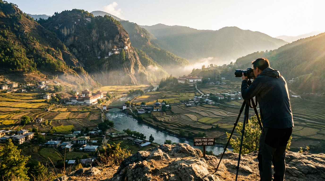 Blick auf das Paro-Tal von einem Aussichtspunkt aus fotografiert – zeigt, dass auch ohne Drohne spektakuläre Landschaftsaufnahmen möglich sind