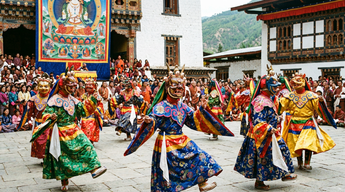 Maskentänzer beim Paro Tshechu Festival in bunten traditionellen Kostümen