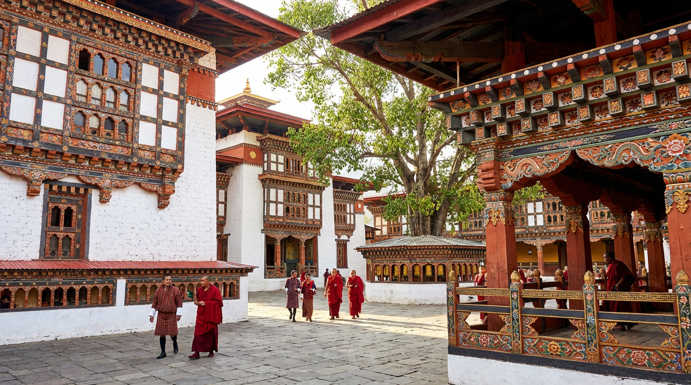 Innenhof des Punakha Dzong mit traditioneller Architektur und bunten Holzschnitzereien
