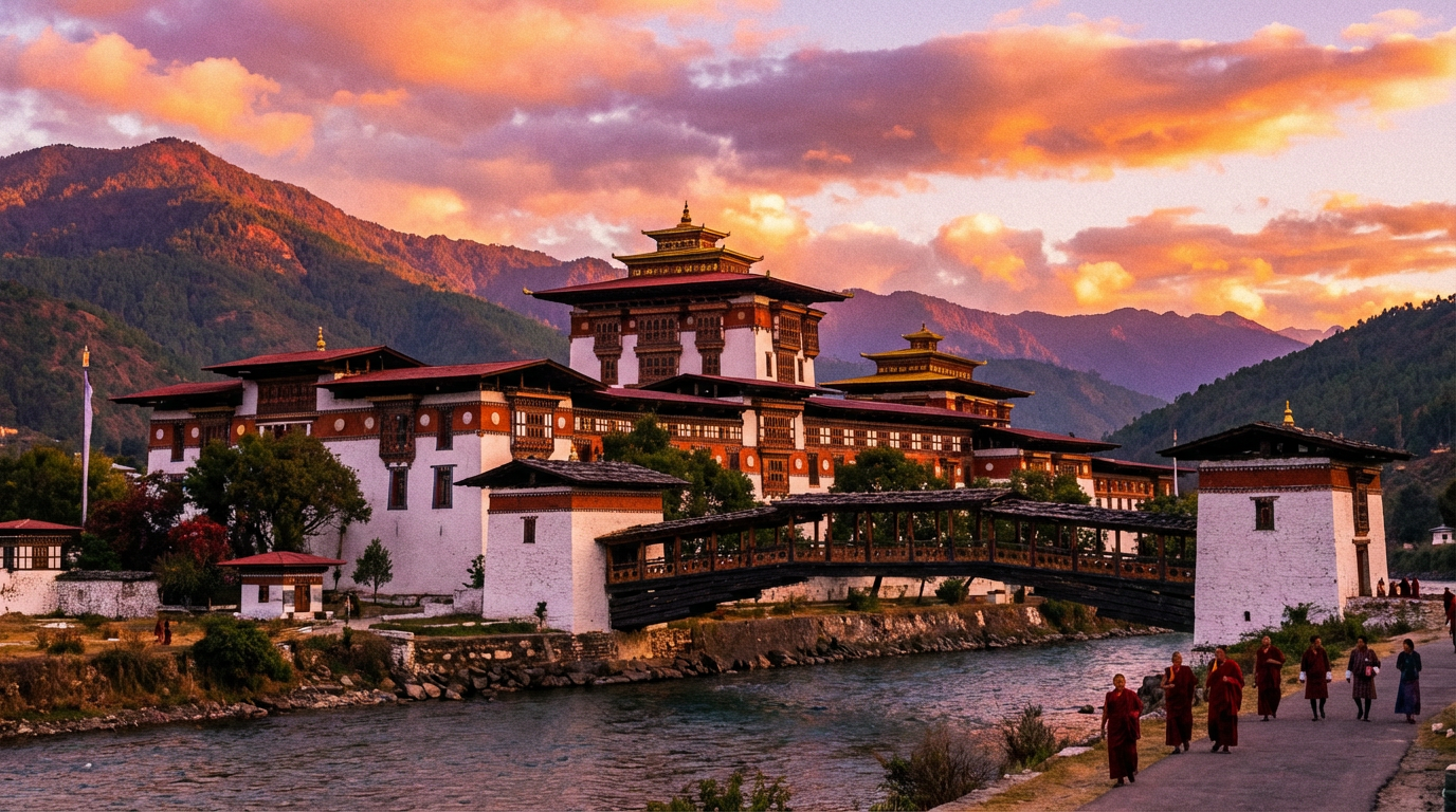 Außenansicht des Punakha Dzong bei Sonnenuntergang – zeigt die beeindruckende Architektur, die vom Außenbereich fotografiert werden darf
