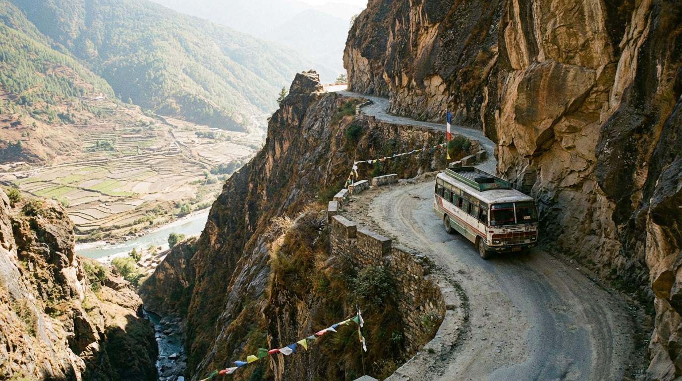 Kurvenreiche Bergstraße in Bhutan mit spektakulärem Blick ins Tal: Eine typische Straße zwischen steilen Felswänden und tiefen Schluchten, die zeigt, warum erfahrene lokale Fahrer unverzichtbar sind