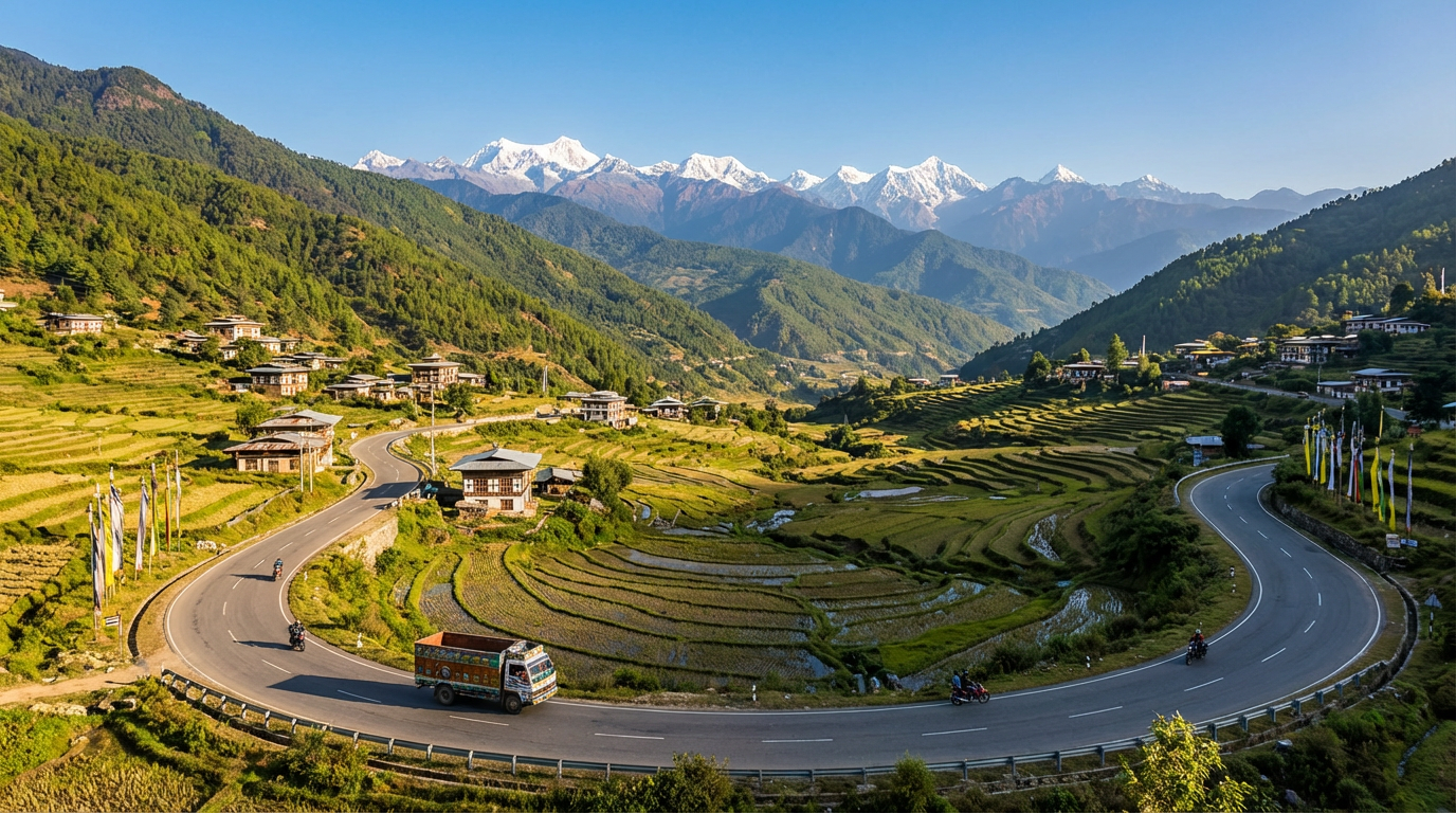 Panoramablick auf den East-West Highway in Bhutan: Die Straße schlängelt sich durch grüne Berghänge mit Blick auf schneebedeckte Himalaya-Gipfel in der Ferne