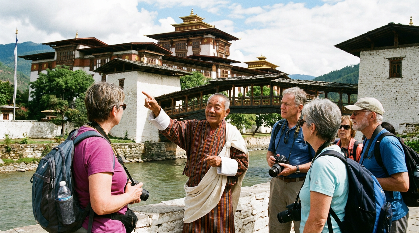 Bhutanischer Guide in traditioneller Kleidung erklärt einer Reisegruppe die Geschichte eines Dzong