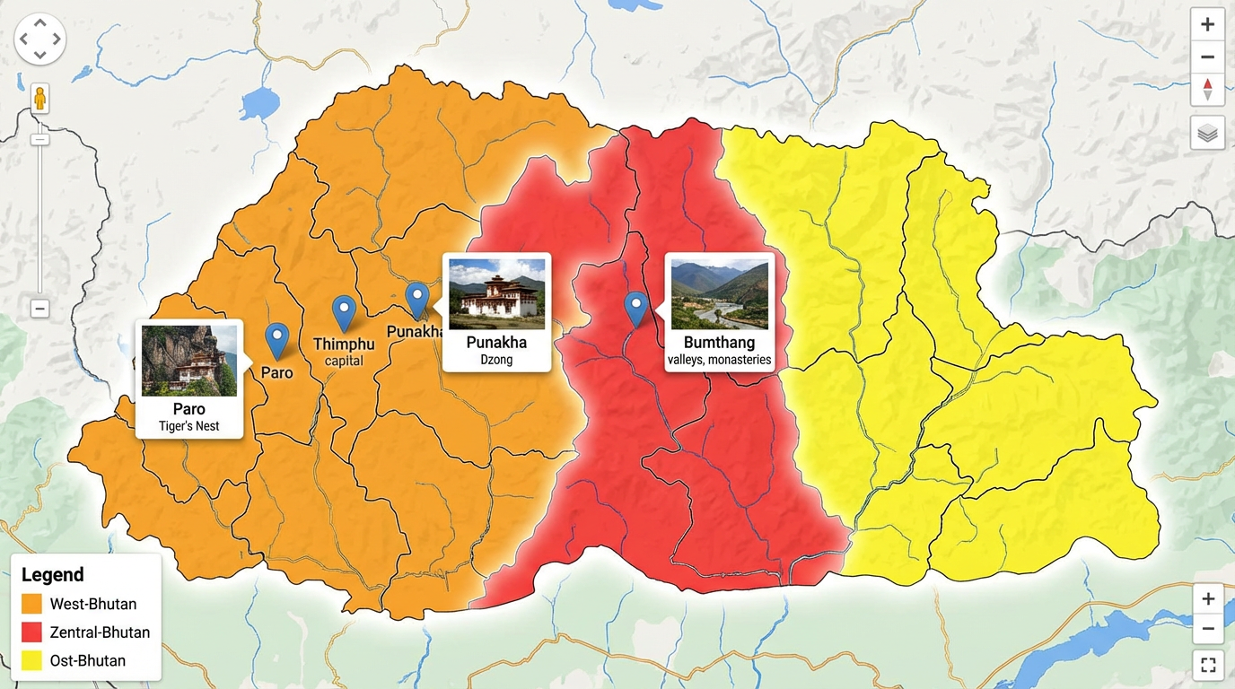 Interaktive Karte Bhutans mit markierten Regionen: West-Bhutan (Paro, Thimphu, Punakha), Zentral-Bhutan (Bumthang) und Ost-Bhutan