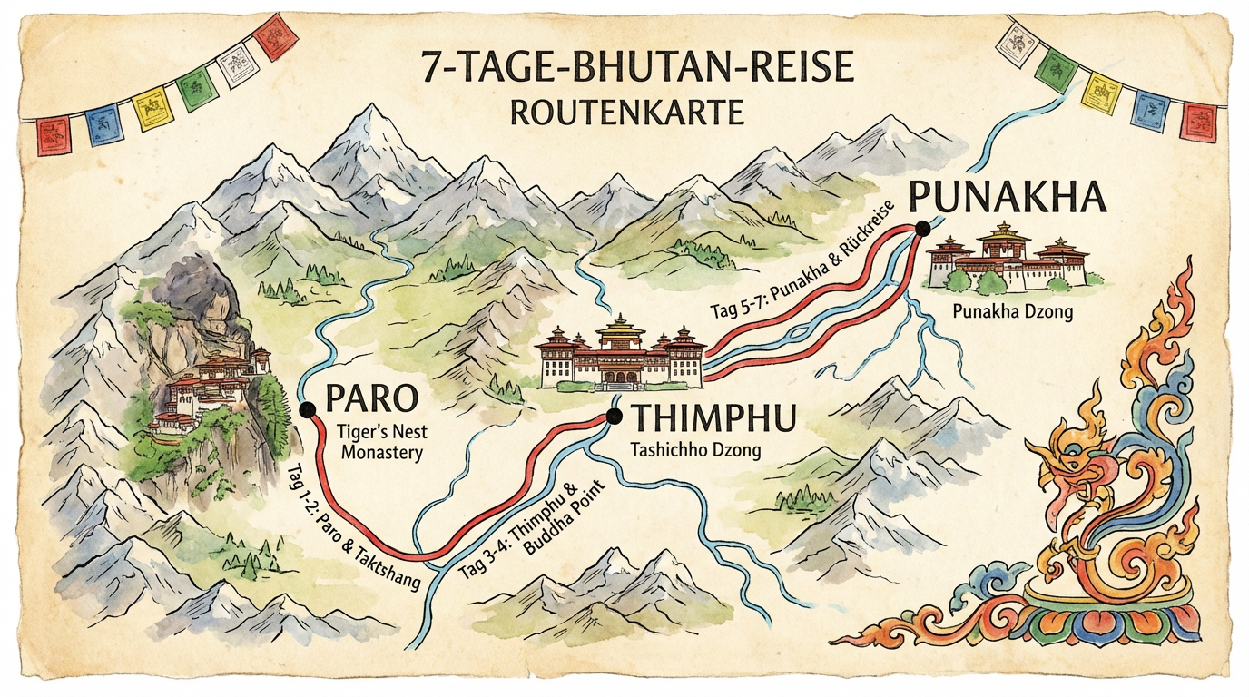 Routenkarte einer 7-Tage-Bhutan-Reise mit markierten Stationen Paro, Thimphu und Punakha