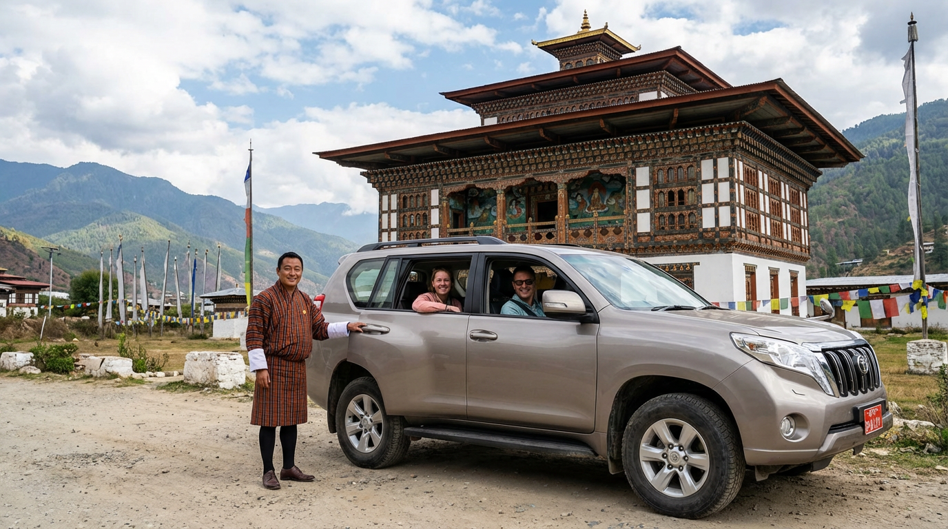Typisches Touristenfahrzeug in Bhutan: Moderner, komfortabler SUV vor dem Hintergrund eines traditionellen bhutanischen Gebäudes, der Fahrer öffnet freundlich die Tür