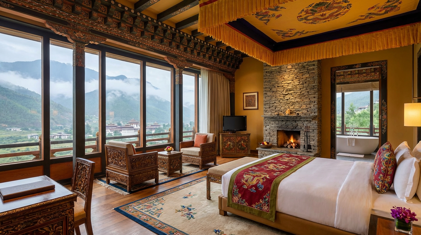 Elegante Suite eines Luxusresorts mit Panoramafenstern, traditionellen bhutanischen Designelementen und Blick auf nebelverhangene Berge