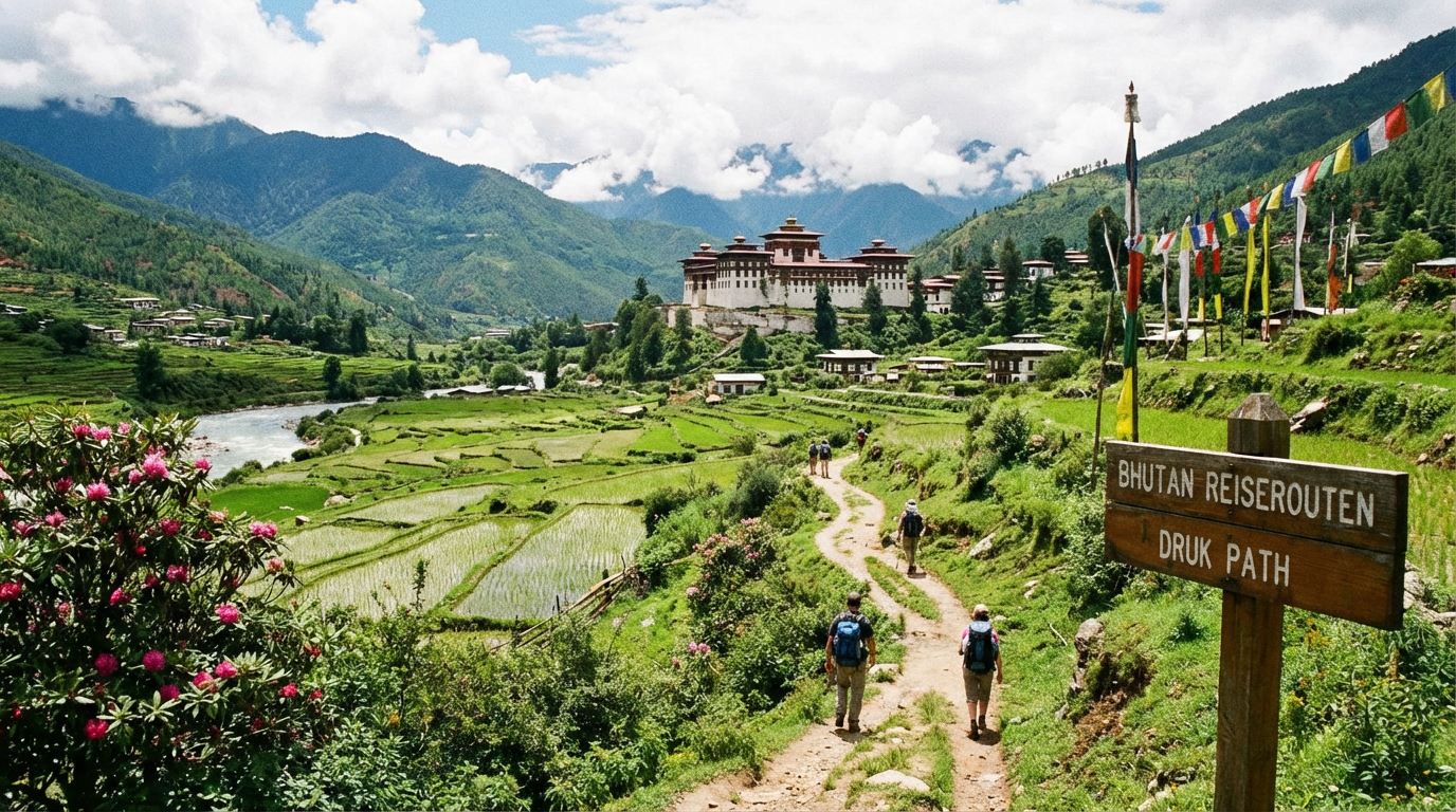 Wanderweg durch grünes Tal mit Blick auf Dzong in der Ferne, symbolisch für Bhutan-Reiserouten