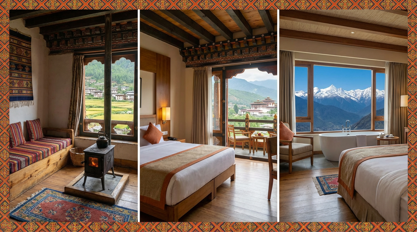 Collage verschiedener Unterkunftsarten in Bhutan: Einfaches Gästehaus, komfortables Hotel, luxuriöses Resort-Zimmer mit Bergblick