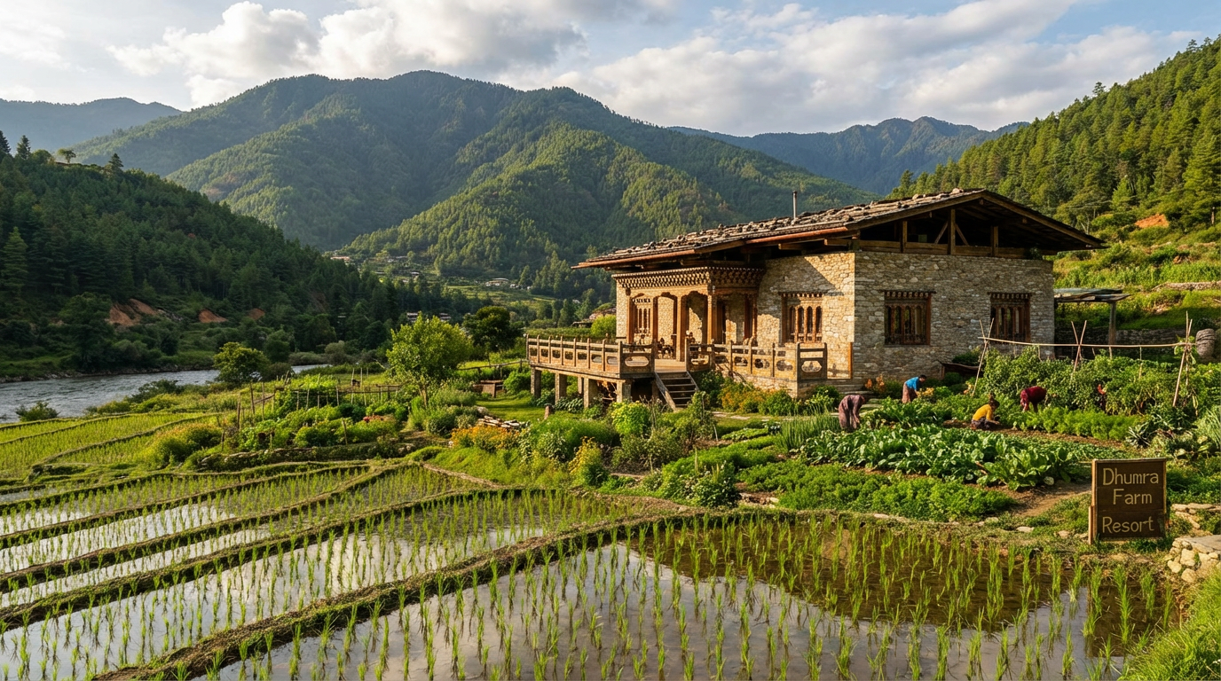 Dhumra Farm Resort: Elegantes Farmhaus am Ufer des Puna Tsangchhu Flusses, Reisfelder im Vordergrund, Gemüse- und Kräutergärten rings um das Haus, im Hintergrund bewaldete Berge