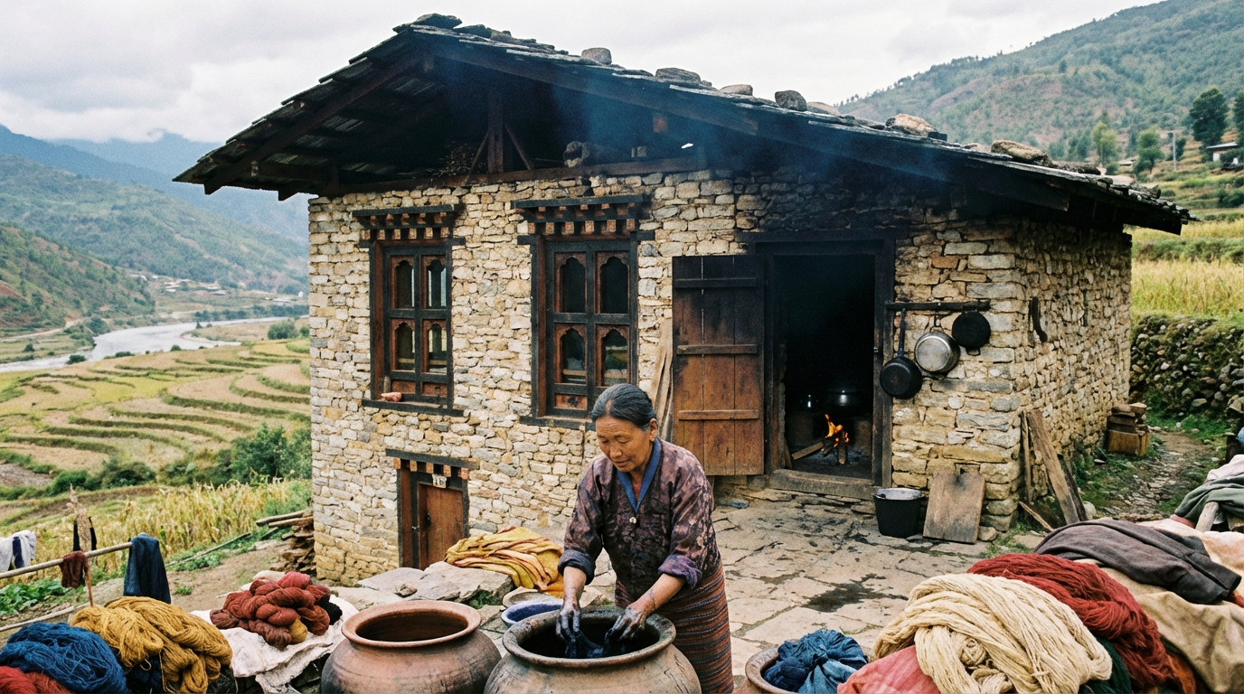 Gatshothang Homestay in Punakha: Charmantes Steinhaus mit schwarzen Holzrahmen, rauchgeschwärzte Küche sichtbar durch offene Tür, Gastgeberin Aum Karma Yangchen beim traditionellen Textilfärben im Vordergrund