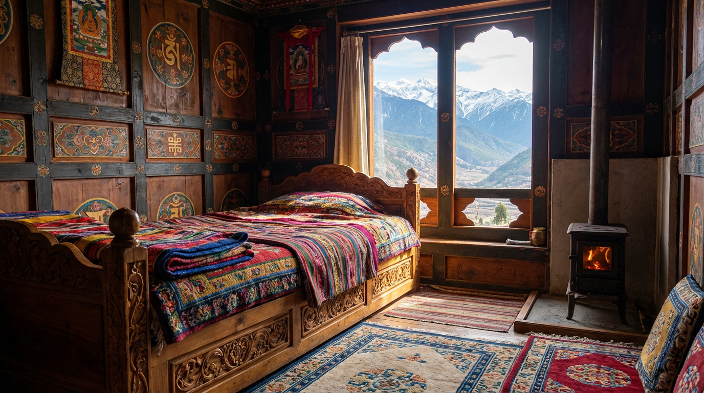 Gästezimmer in einem bhutanischen Homestay: Traditionelles Holzbett mit bunten Decken, geschnitzte Holzwände mit typischen bhutanischen Mustern, kleiner Bukhari-Holzofen in der Ecke, Fenster mit Blick auf Berge