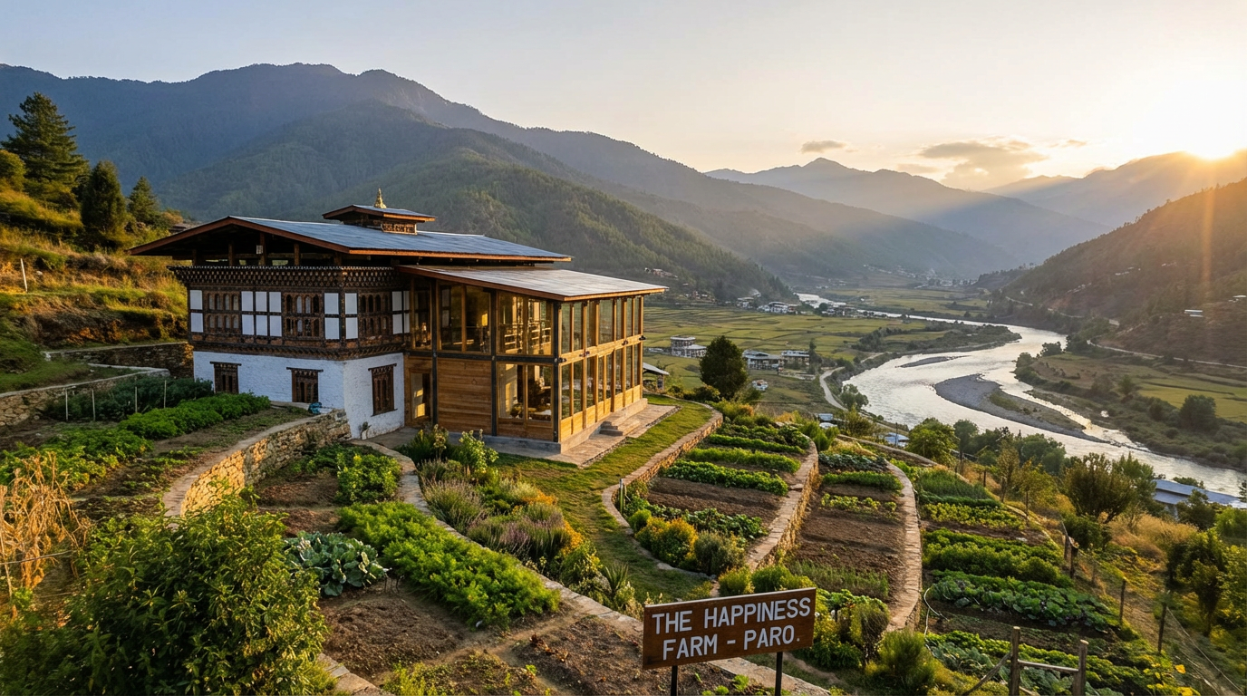 The Happiness Farm in Paro: Weitläufiges Anwesen auf einem Hügel mit Panoramablick auf das Chunzom-Flusstal, traditionelles Haupthaus mit modernen Elementen, umgeben von Gemüse- und Kräutergärten