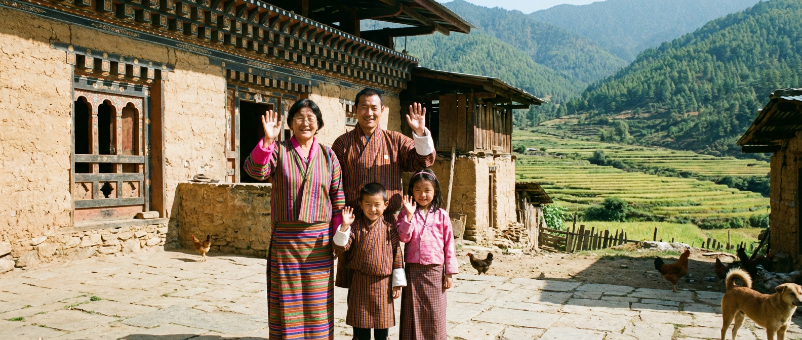 Bhutanische Gastgeberfamilie vor ihrem traditionellen Bauernhaus: Großmutter im bunten Kira, Eltern und zwei Kinder winken freundlich. Im Hintergrund Reisterrassen und bewaldete Berghänge – authentische Homestay-Atmosphäre
