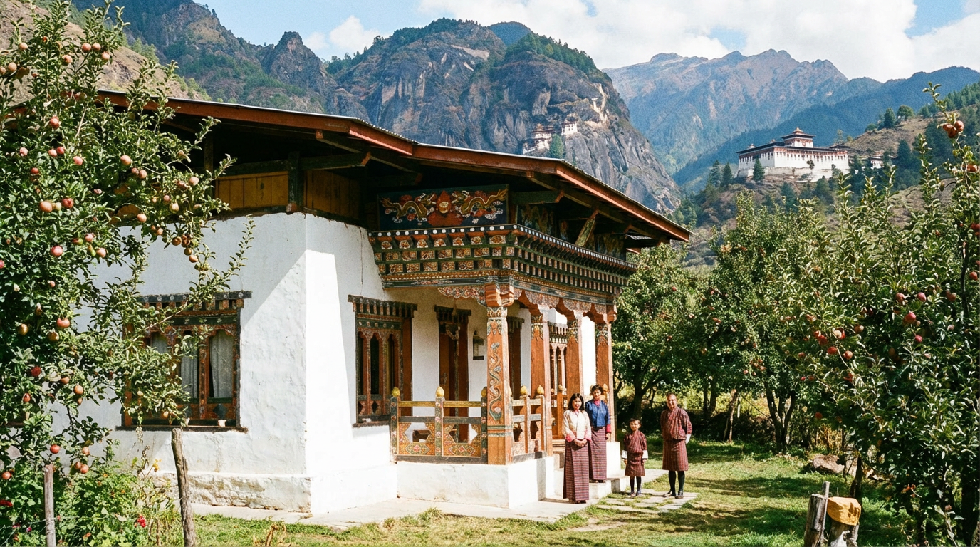 Typisches Paro-Homestay: Traditionelles bhutanisches Bauernhaus mit weiß getünchten Wänden und bunten Holzverzierungen, umgeben von Apfelbäumen, im Hintergrund die Bergkette mit dem Paro-Dzong in der Ferne