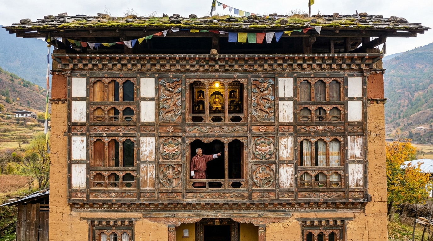Ugyen's Homestay: 400 Jahre altes Ahnenhaus mit drei sichtbaren Etagen, aufwendig geschnitzte Holzfassade mit verwitterter Patina, Gastgeber Ugyen zeigt auf den heiligen Altar im Obergeschoss durch ein Fenster