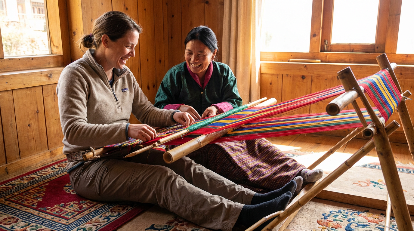 Reisende hilft bhutanischer Gastgeberin beim Weben an einem traditionellen Webstuhl: Beide Frauen sitzen auf dem Boden, bunte Fäden spannen sich über den Rahmen, konzentrierte und freudige Atmosphäre