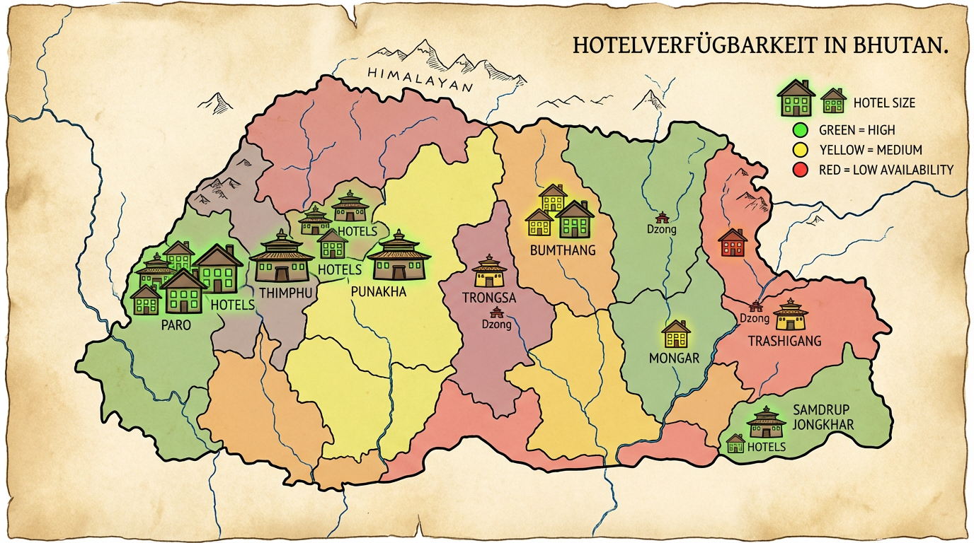 Übersichtskarte Bhutans mit markierten Regionen und Unterkunfts-Symbolen, die die Verfügbarkeit von Hotels in Paro, Thimphu, Punakha, Bumthang und anderen Regionen visualisiert