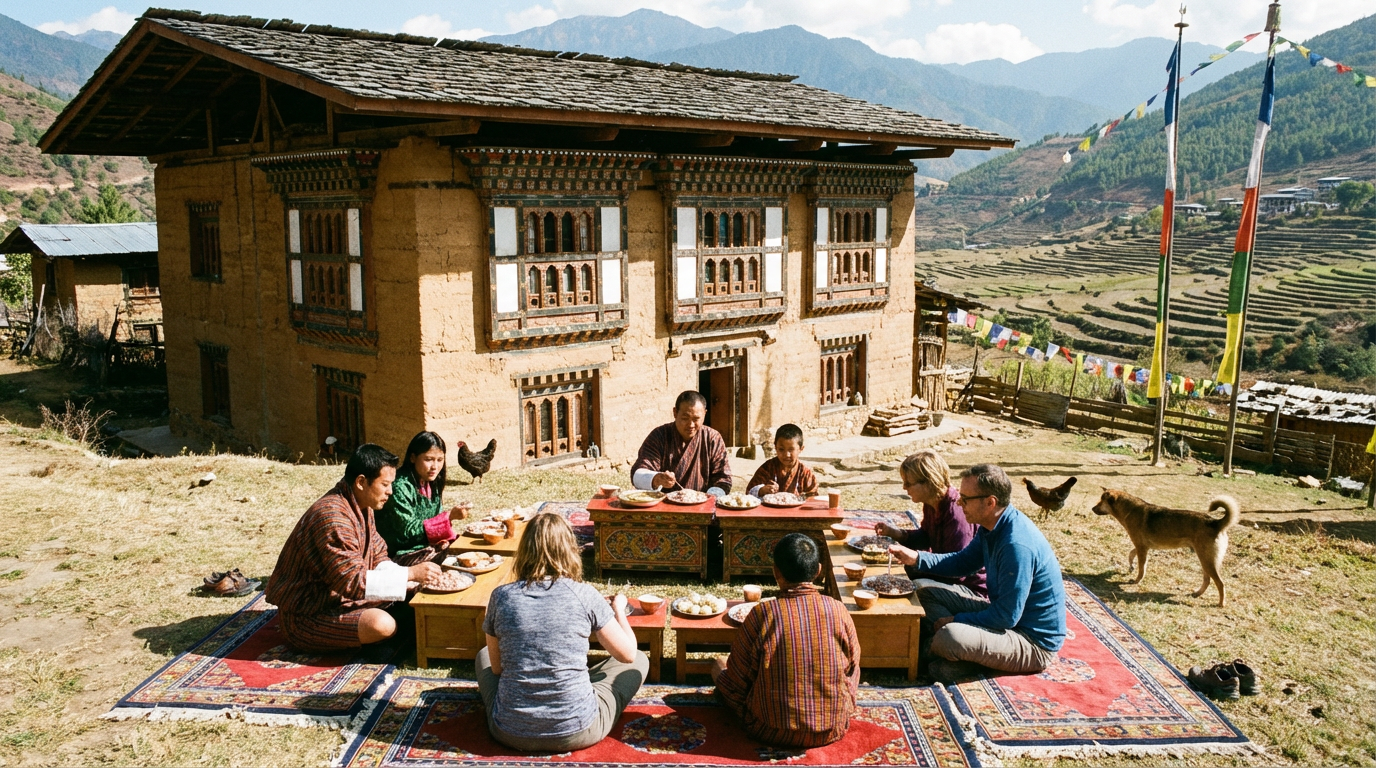 Bhutanische Familie vor ihrem traditionellen Bauernhaus mit Gästen beim gemeinsamen Essen