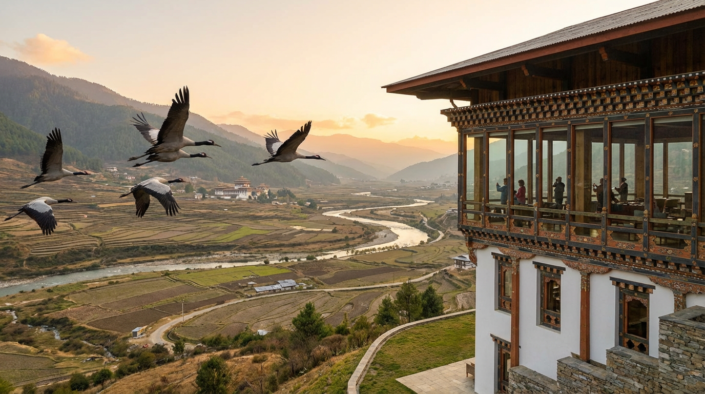 Gangtey Lodge mit Panoramafenstern und Blick über das weite Phobjikha-Tal, im Vordergrund fliegende Schwarzhalskraniche